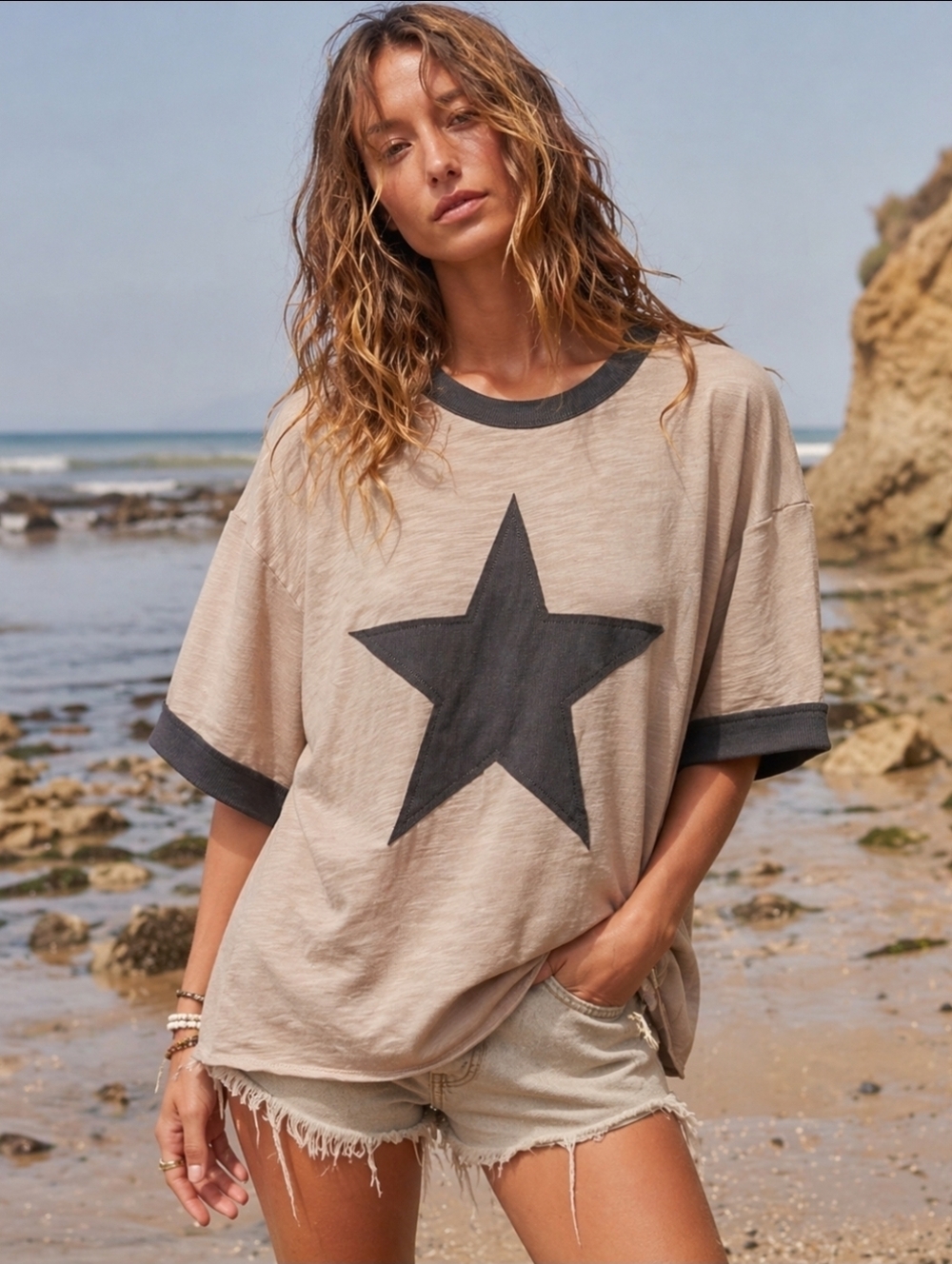 Oversized Patchwork Star T-shirt  Washed Gray Sz Medium & Large Boho Luxe NWT$98